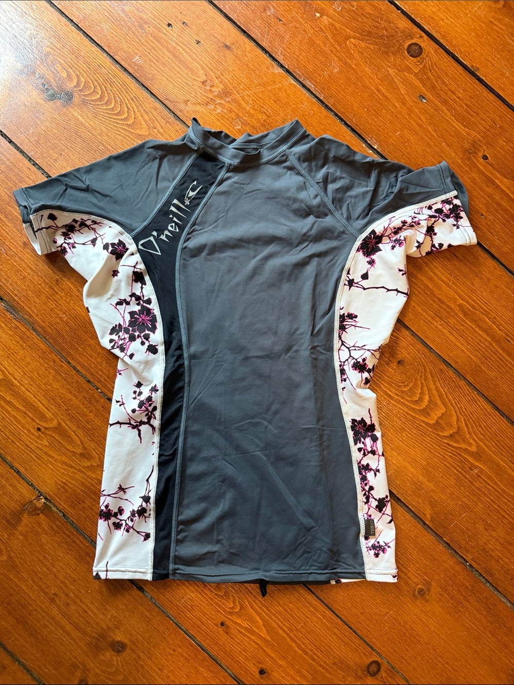 O'Neill Charcoal Rash Guard with White & Pink Floral Panels